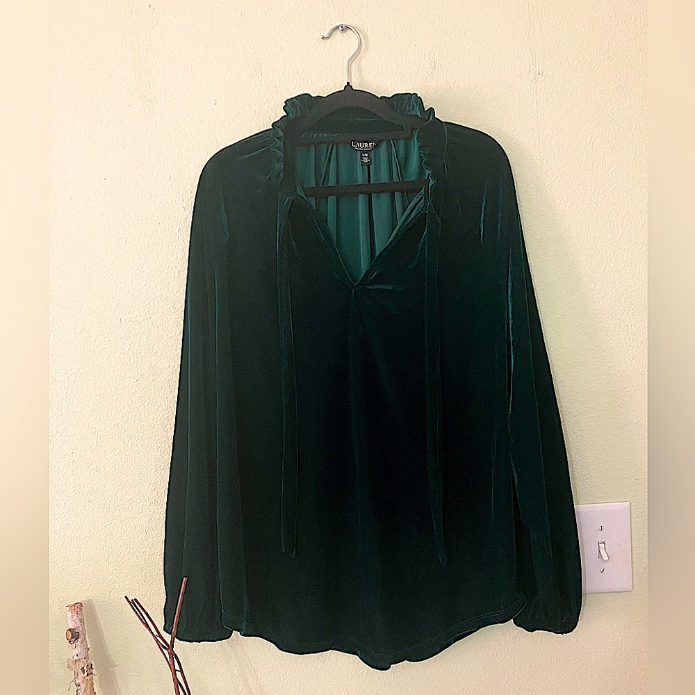 Ralph Lauren black label green emerald velvet long puff sleeve top blouse